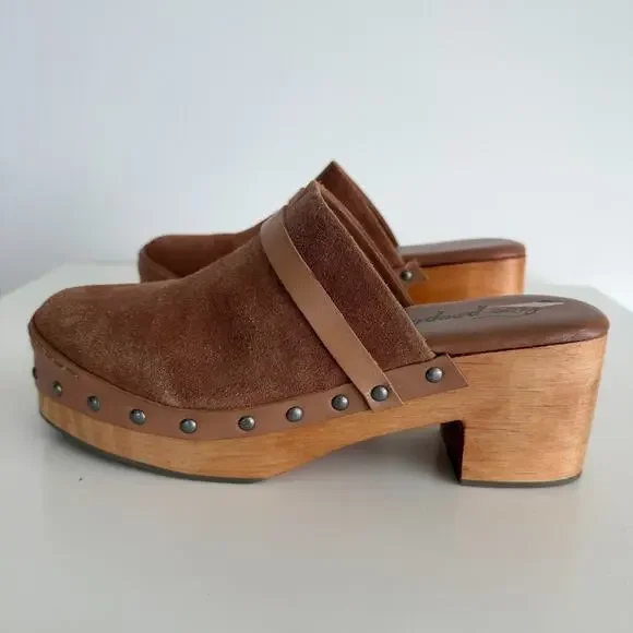 Free People Calabasas Clog Platform 40 Brown Suede Wooded Slip On Mule Stud Heel - Picture 8 of 13